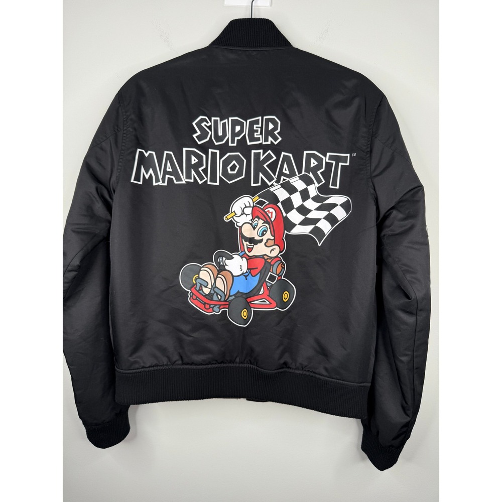 Forever 21 Super Nintendo Mario Kart Bomber Jacket Womens S Black Satin Snap